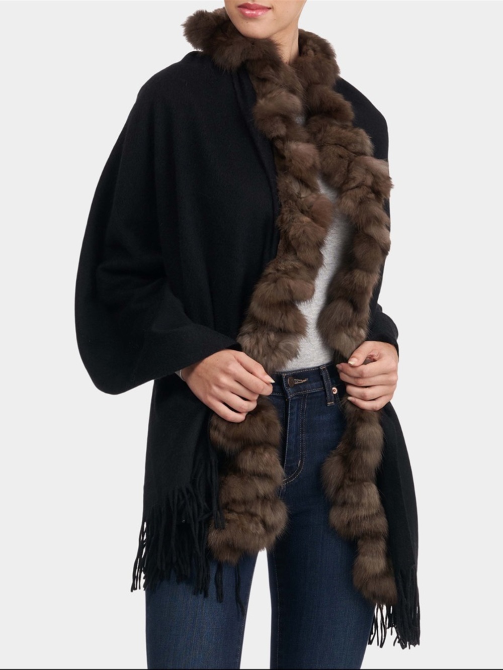 Gorski Cashmere Fringe Stole with Sable Fur Trim